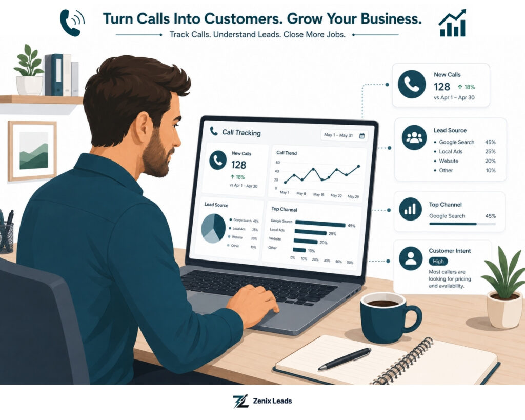 small business owner reviewing call tracking dashboard