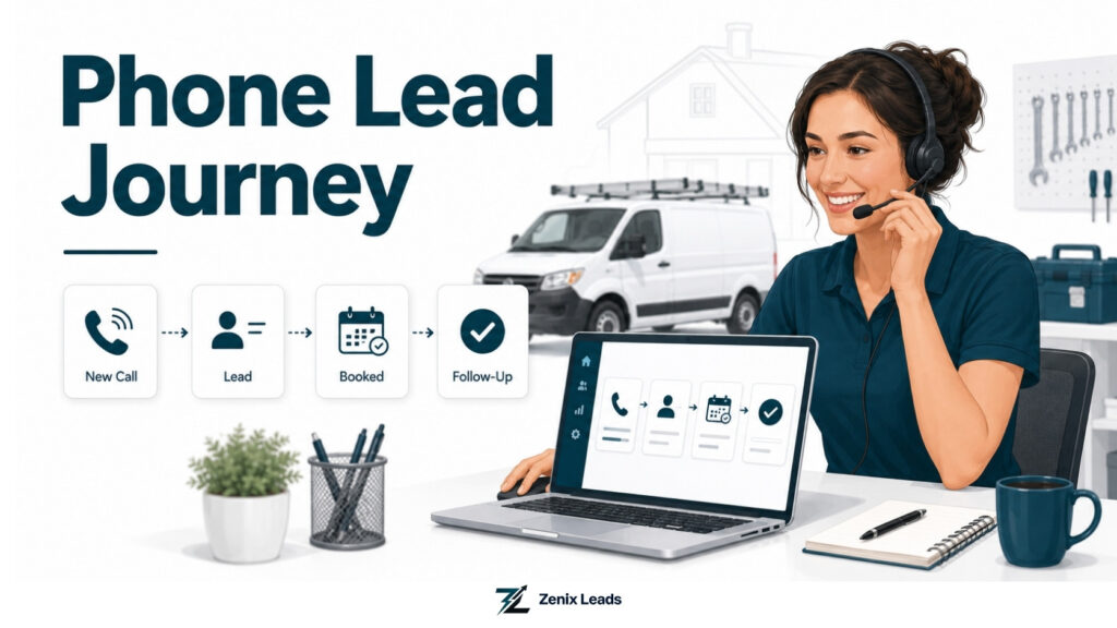 Staff member at a service business answering an inbound call and guiding a customer toward booking a job