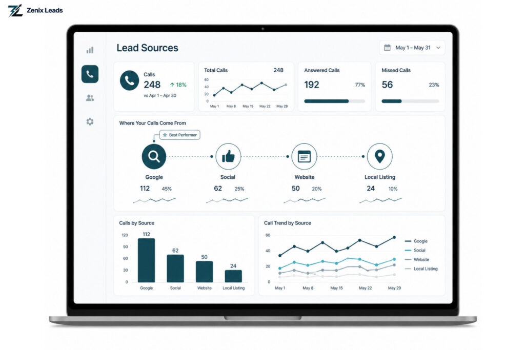 call analytics graph showing lead sources on screen