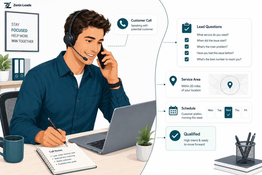 home service business owner qualifying customer on call