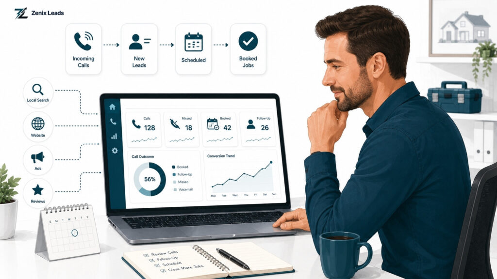 Service business owner reviewing phone lead conversion rate data on a laptop using call tracking software