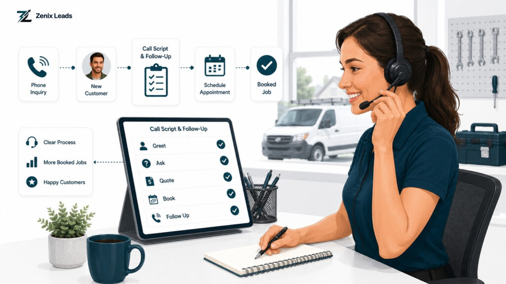 Customer service team member following a call script to convert phone inquiries into booked jobs for a local service business