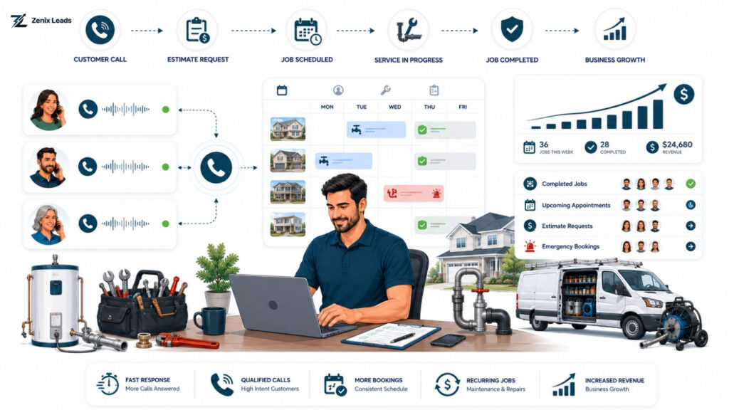 Zenix Leads real-time dashboard showing verified drain repair leads and plumbing call activity