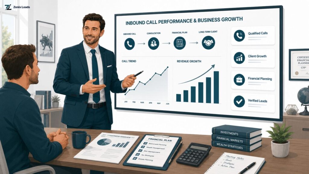 financial advisor reviewing call tracking report on laptop