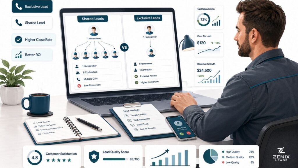 Contractor comparing exclusive leads vs shared leads on a laptop dashboard