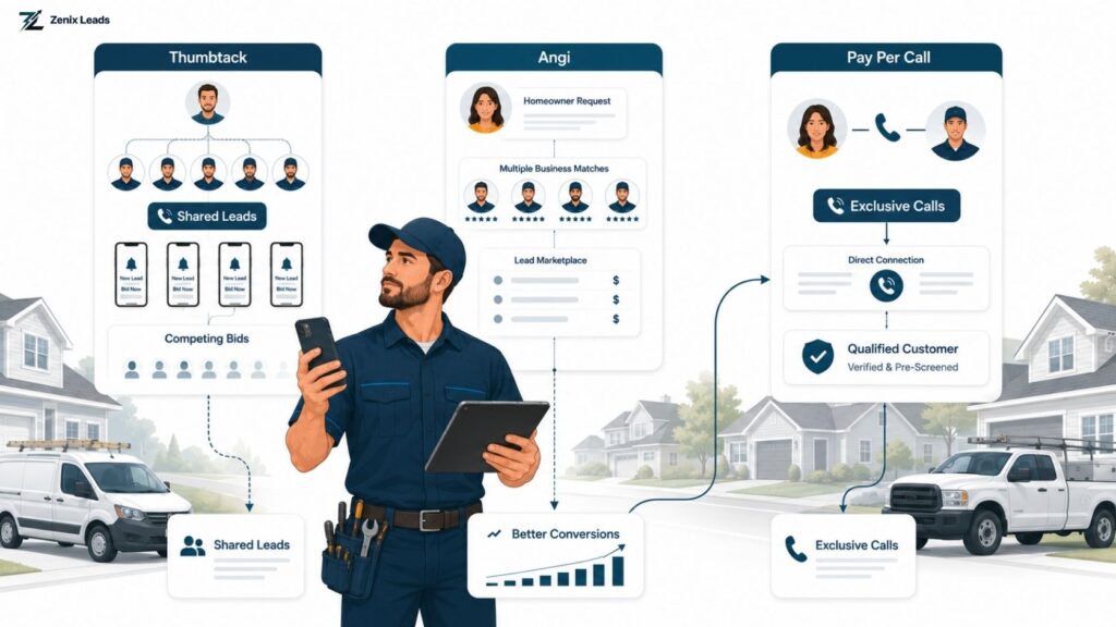 Thumbtack alternatives for contractors comparison chart showing Thumbtack, Angi and pay per call