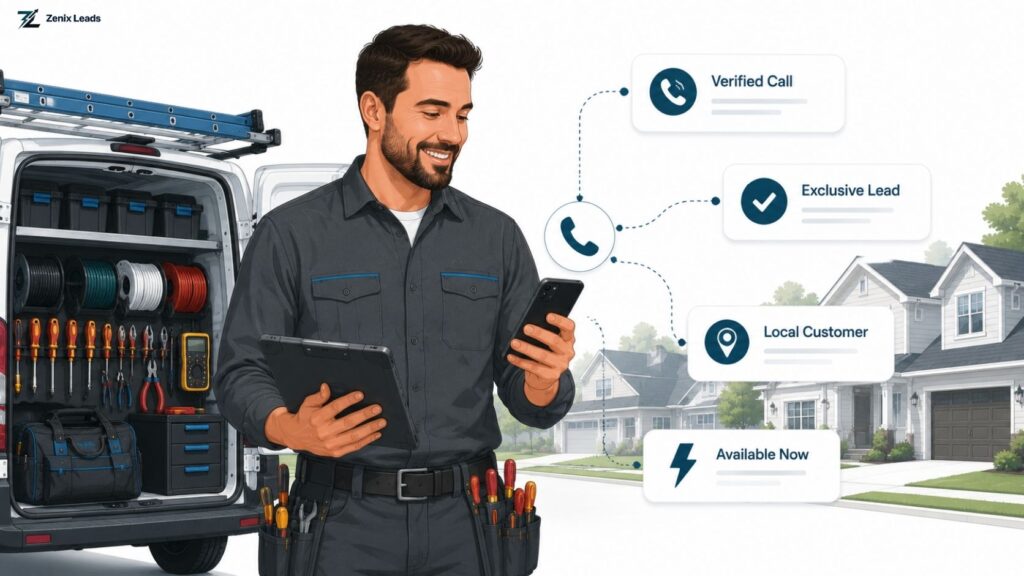 Electrician reviewing verified lead calls on a mobile phone