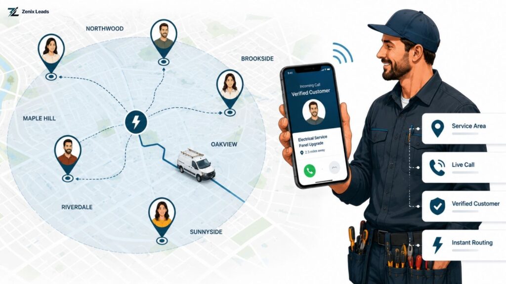 Zenix Leads dashboard showing geo-targeted electrician call delivery